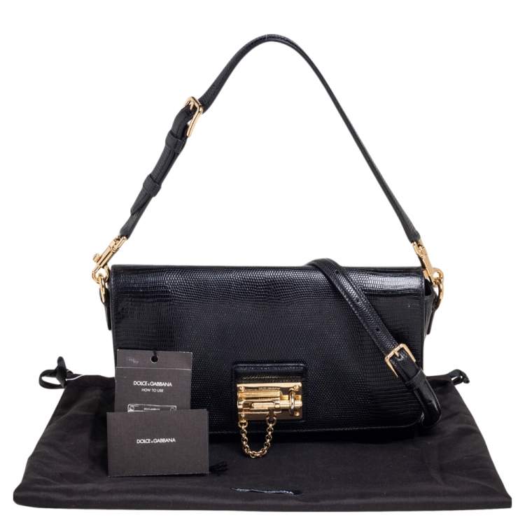Pre Owned Dolce & Gabbana Black Lizard Embossed Leather Medium Miss Monica Shoulder Bag