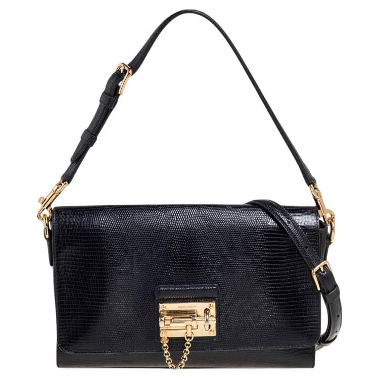 Pre Owned Dolce & Gabbana Black Lizard Embossed Leather Medium Miss Monica Shoulder Bag
