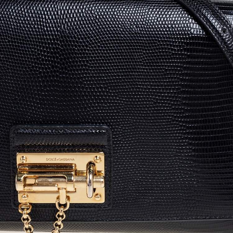 Pre Owned Dolce & Gabbana Black Lizard Embossed Leather Medium Miss Monica Shoulder Bag