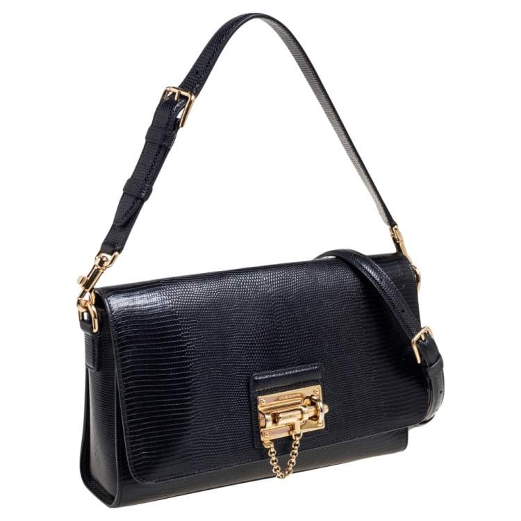 Pre Owned Dolce & Gabbana Black Lizard Embossed Leather Medium Miss Monica Shoulder Bag