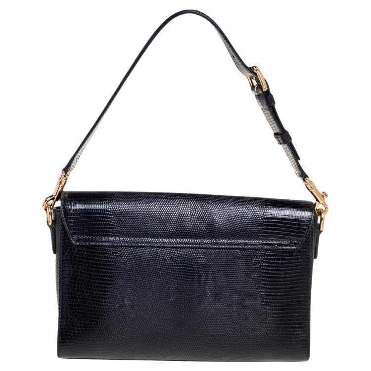 Pre Owned Dolce & Gabbana Black Lizard Embossed Leather Medium Miss Monica Shoulder Bag