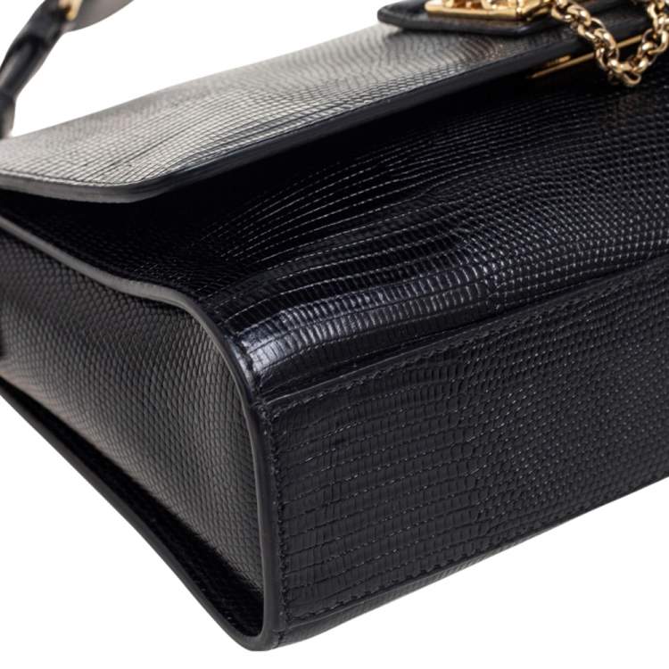 Pre Owned Dolce & Gabbana Black Lizard Embossed Leather Medium Miss Monica Shoulder Bag