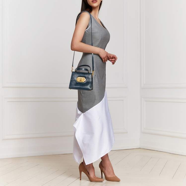 Pre Owned Dolce & Gabbana Teal/Black Lizard Embossed Leather Mini Welcome Top Handle Bag