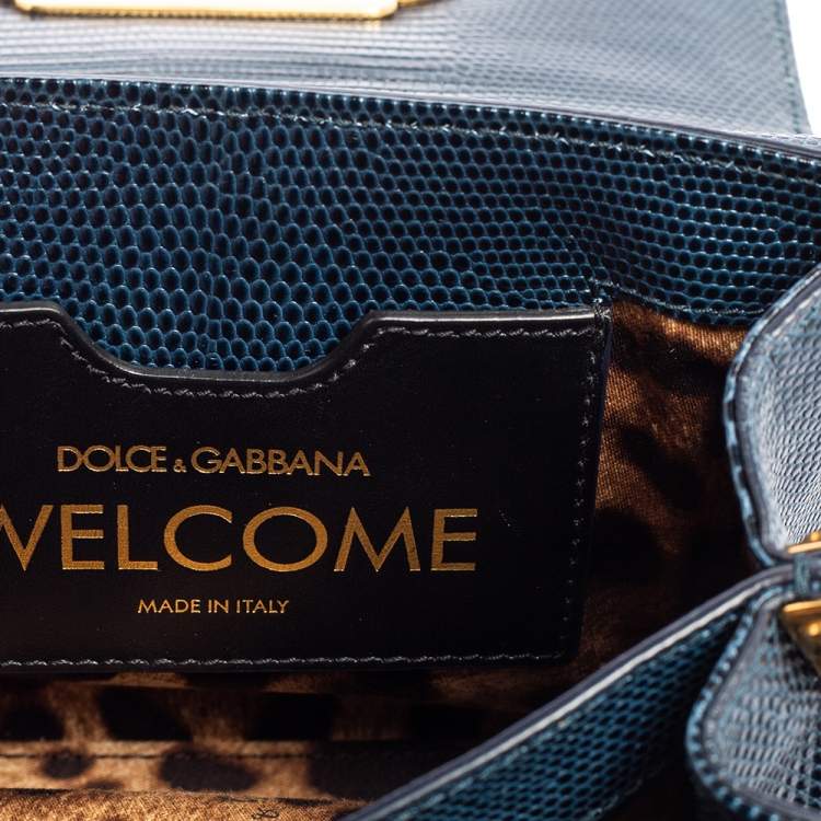 Pre Owned Dolce & Gabbana Teal/Black Lizard Embossed Leather Mini Welcome Top Handle Bag