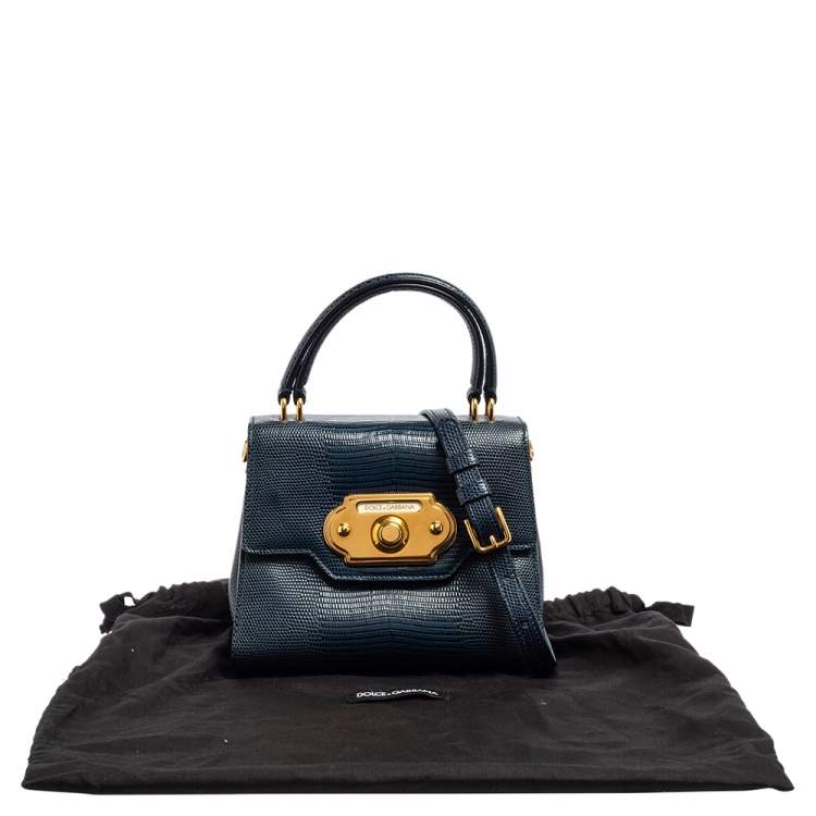 Pre Owned Dolce & Gabbana Teal/Black Lizard Embossed Leather Mini Welcome Top Handle Bag