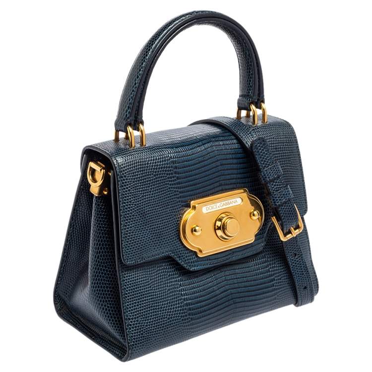 Pre Owned Dolce & Gabbana Teal/Black Lizard Embossed Leather Mini Welcome Top Handle Bag