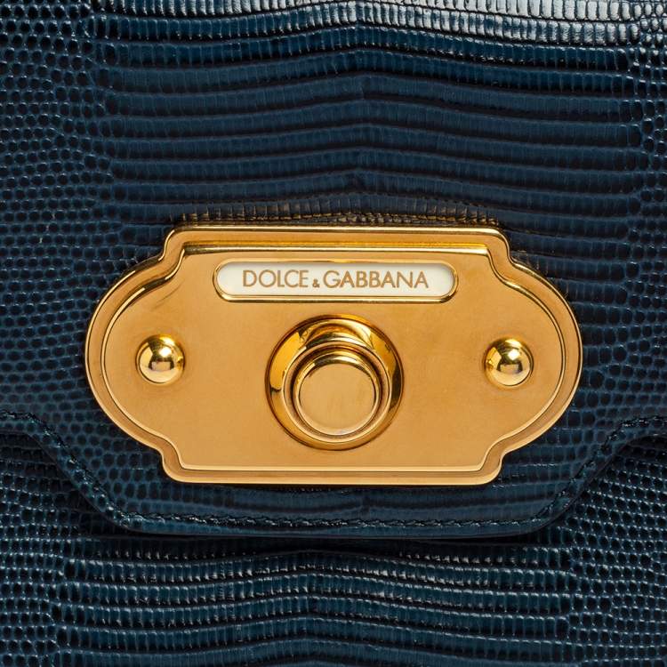 Pre Owned Dolce & Gabbana Teal/Black Lizard Embossed Leather Mini Welcome Top Handle Bag