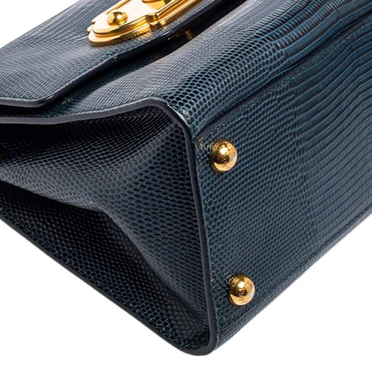 Pre Owned Dolce & Gabbana Teal/Black Lizard Embossed Leather Mini Welcome Top Handle Bag