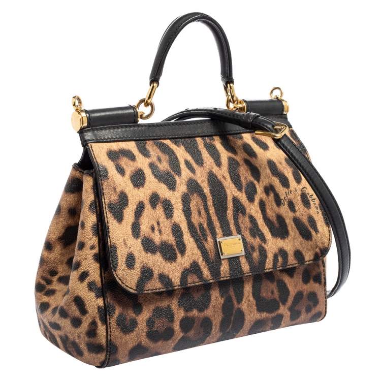 Pre Owned Dolce & Gabbana Black/Beige Leopard Print Coated Canvas and Leather Medium Sicily Top Handle Bag