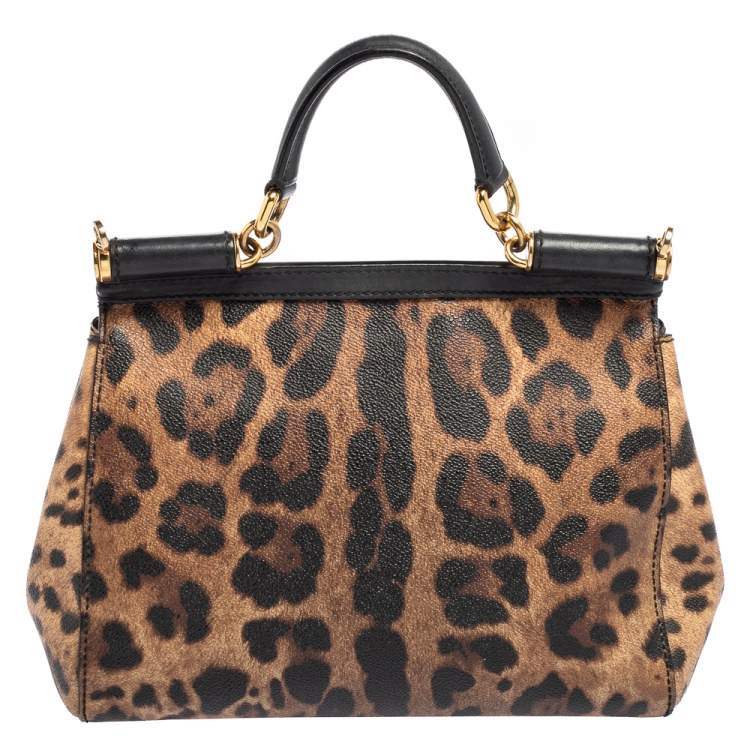 Pre Owned Dolce & Gabbana Black/Beige Leopard Print Coated Canvas and Leather Medium Sicily Top Handle Bag