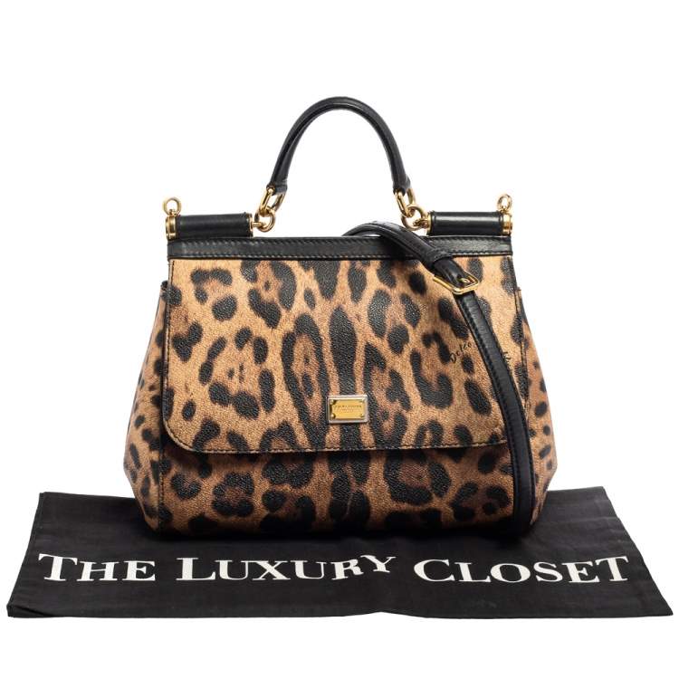 Pre Owned Dolce & Gabbana Black/Beige Leopard Print Coated Canvas and Leather Medium Sicily Top Handle Bag