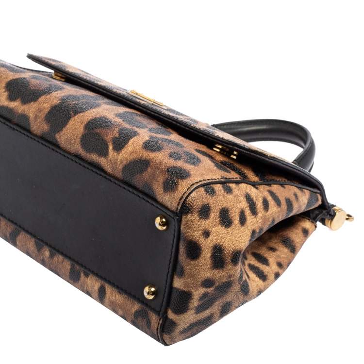 Pre Owned Dolce & Gabbana Black/Beige Leopard Print Coated Canvas and Leather Medium Sicily Top Handle Bag