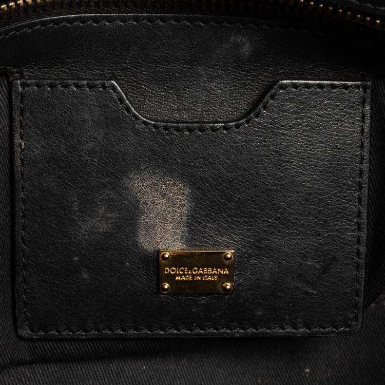 Pre Owned Dolce & Gabbana Black/Beige Leopard Print Coated Canvas and Leather Medium Sicily Top Handle Bag