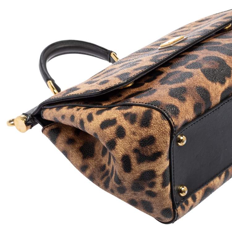 Pre Owned Dolce & Gabbana Black/Beige Leopard Print Coated Canvas and Leather Medium Sicily Top Handle Bag