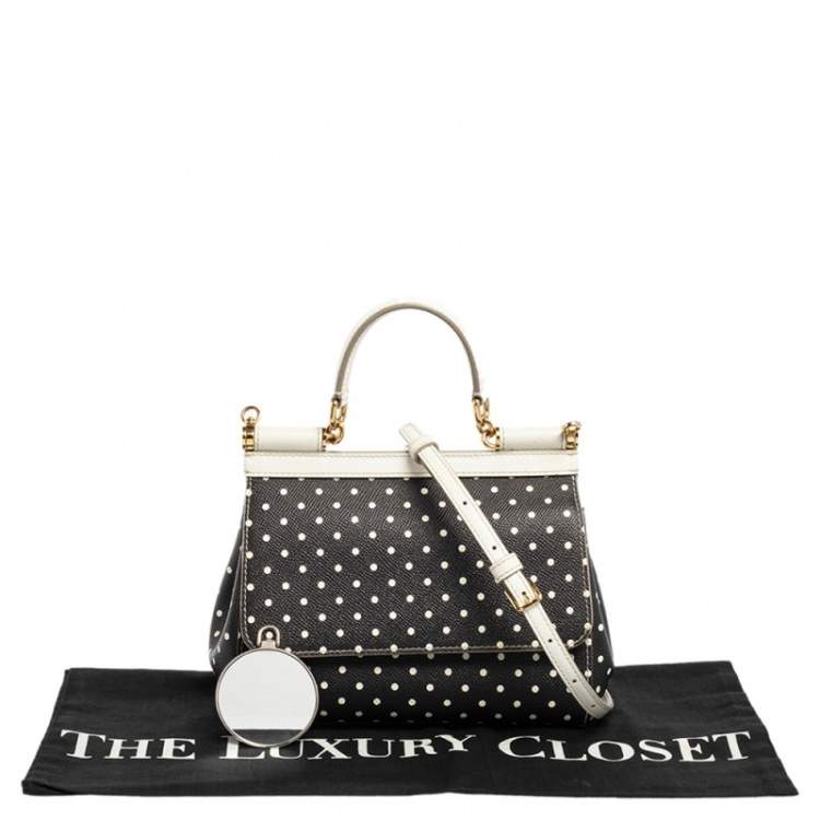 Pre Owned Dolce & Gabbana Black/White Polka Dots Leather Small Miss Sicily Top Handle Bag