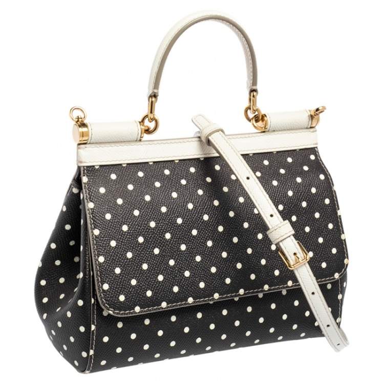 Pre Owned Dolce & Gabbana Black/White Polka Dots Leather Small Miss Sicily Top Handle Bag