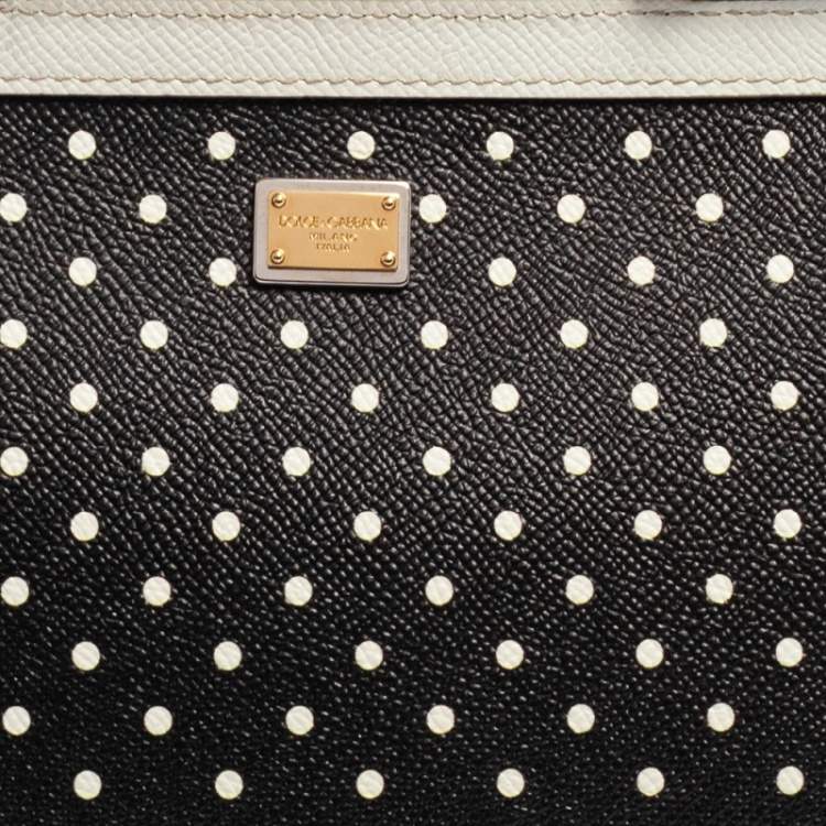 Pre Owned Dolce & Gabbana Black/White Polka Dots Leather Small Miss Sicily Top Handle Bag