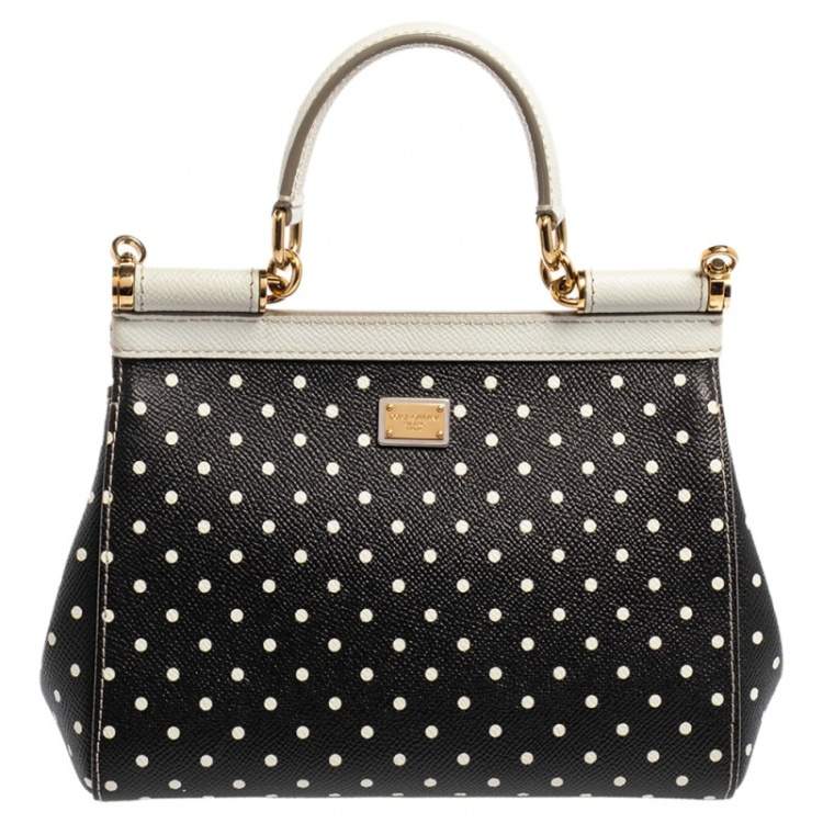 Pre Owned Dolce & Gabbana Black/White Polka Dots Leather Small Miss Sicily Top Handle Bag