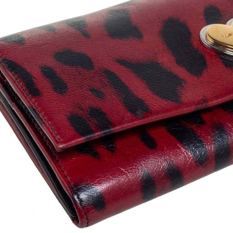Pre Owned Dolce & Gabbana Burgundy/Black Leopard Print Leather Continental Wallet