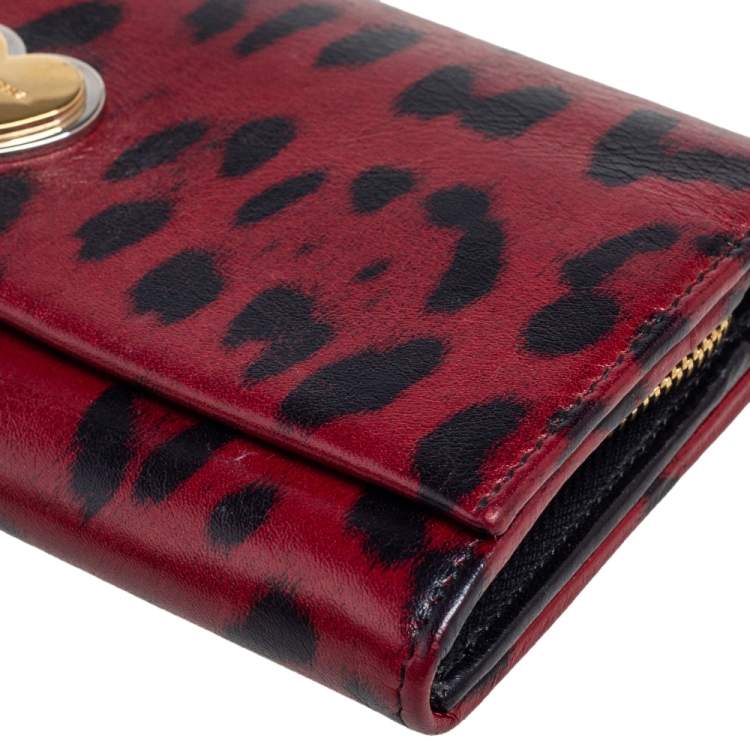 Pre Owned Dolce & Gabbana Burgundy/Black Leopard Print Leather Continental Wallet