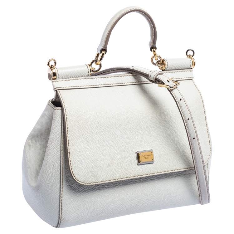 Pre Owned Dolce & Gabbana Off White Leather Medium Sicily Top Handle Bag