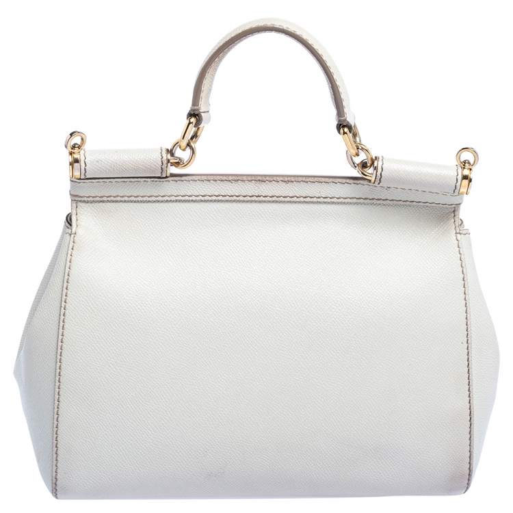 Pre Owned Dolce & Gabbana Off White Leather Medium Sicily Top Handle Bag