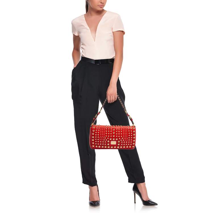 Pre Owned Dolce & Gabbana Red Leather Studded Shoulder Bag
