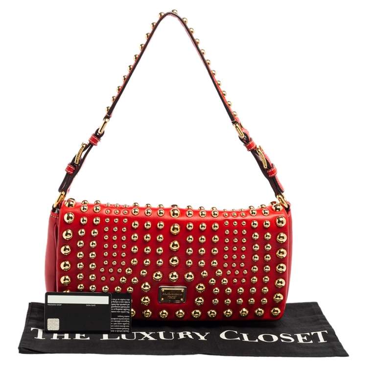 Pre Owned Dolce & Gabbana Red Leather Studded Shoulder Bag