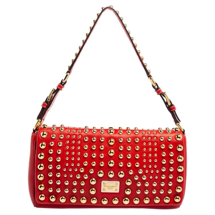 Pre Owned Dolce & Gabbana Red Leather Studded Shoulder Bag
