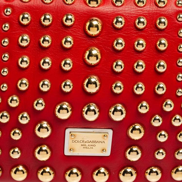 Pre Owned Dolce & Gabbana Red Leather Studded Shoulder Bag