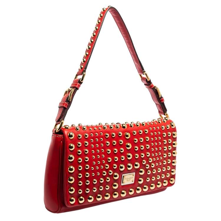 Pre Owned Dolce & Gabbana Red Leather Studded Shoulder Bag