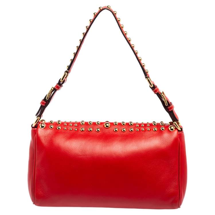 Pre Owned Dolce & Gabbana Red Leather Studded Shoulder Bag