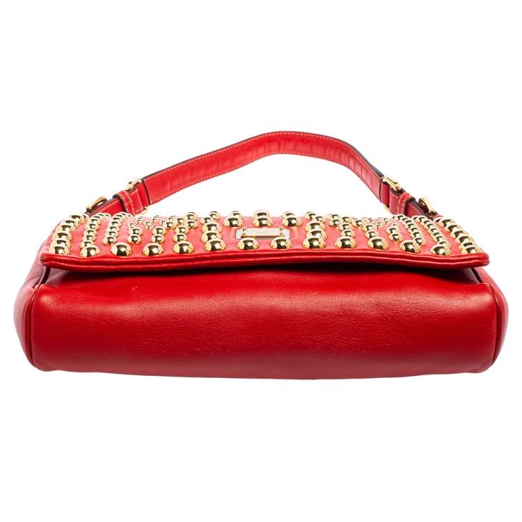Pre Owned Dolce & Gabbana Red Leather Studded Shoulder Bag