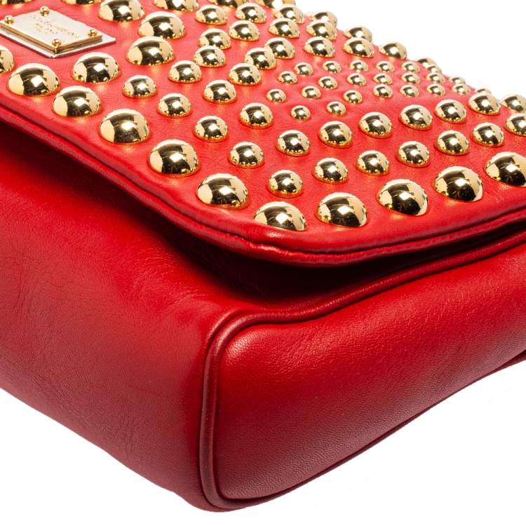 Pre Owned Dolce & Gabbana Red Leather Studded Shoulder Bag
