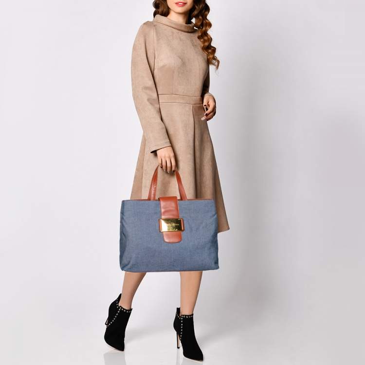 Pre Owned Dolce & Gabbana Blue/Brown Denim and Leather Flap Tote