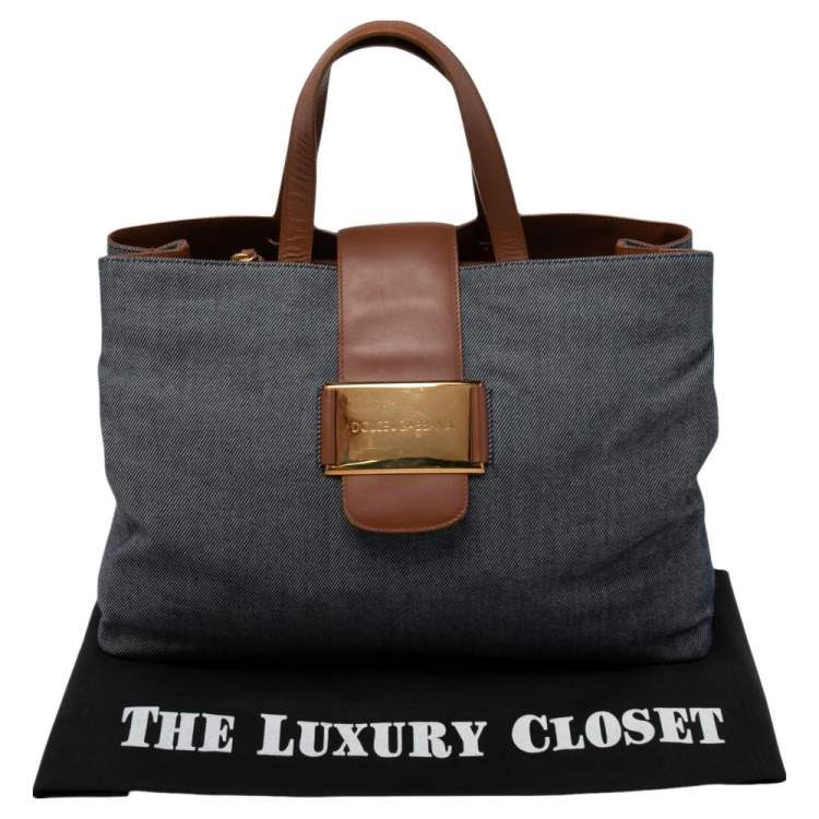 Pre Owned Dolce & Gabbana Blue/Brown Denim and Leather Flap Tote