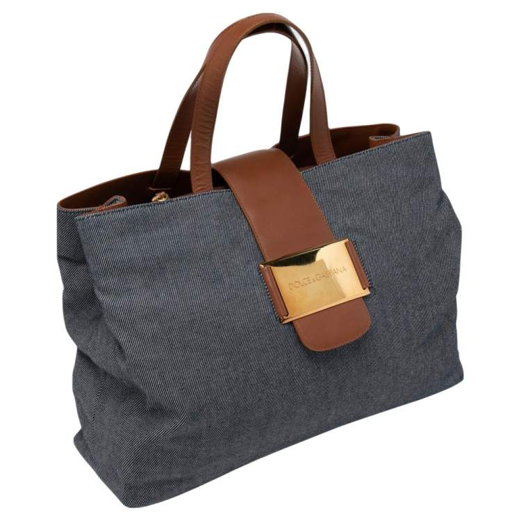 Pre Owned Dolce & Gabbana Blue/Brown Denim and Leather Flap Tote