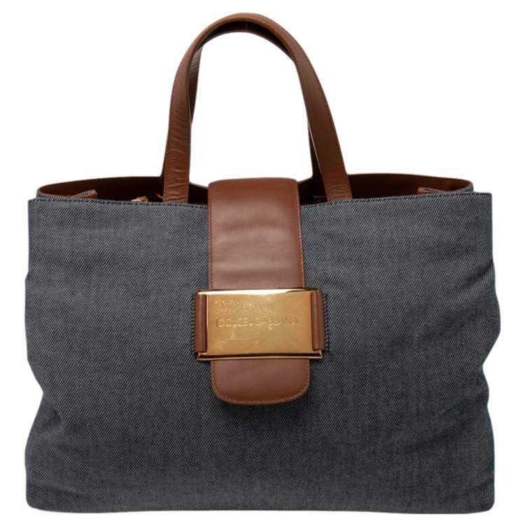 Pre Owned Dolce & Gabbana Blue/Brown Denim and Leather Flap Tote