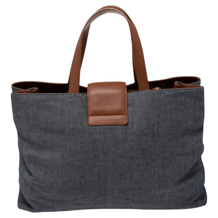 Pre Owned Dolce & Gabbana Blue/Brown Denim and Leather Flap Tote