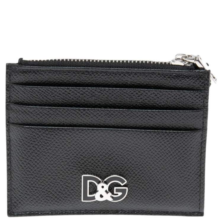 Pre Owned Dolce & Gabbana Black Leather Logo Zip Card Holder