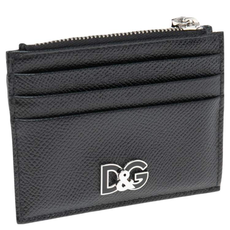 Pre Owned Dolce & Gabbana Black Leather Logo Zip Card Holder