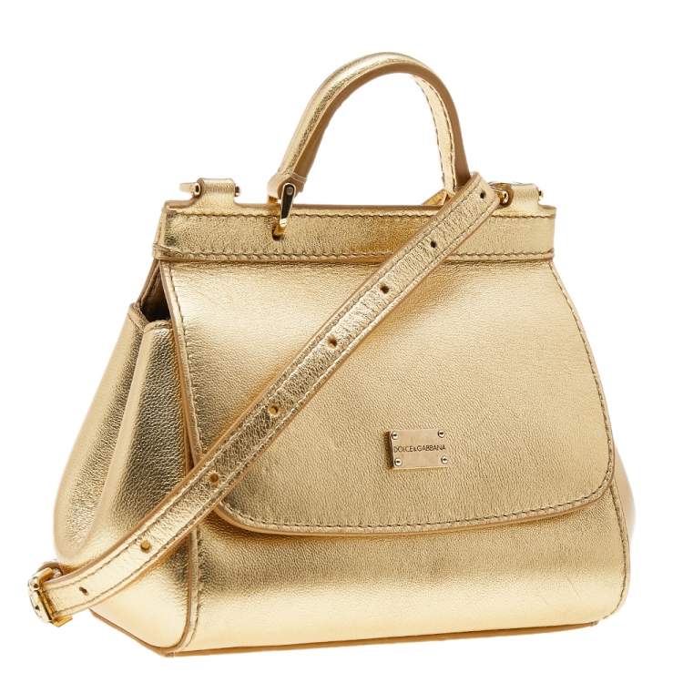 Pre Owned Dolce & Gabbana Metallic Gold Leather Mini Miss Sicily Top Handle Bag