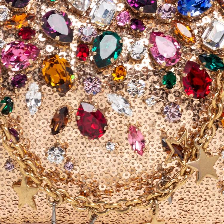 Pre Owned Dolce & Gabbana Rose Gold Sequin and Leather Crystal Embellished Clutch