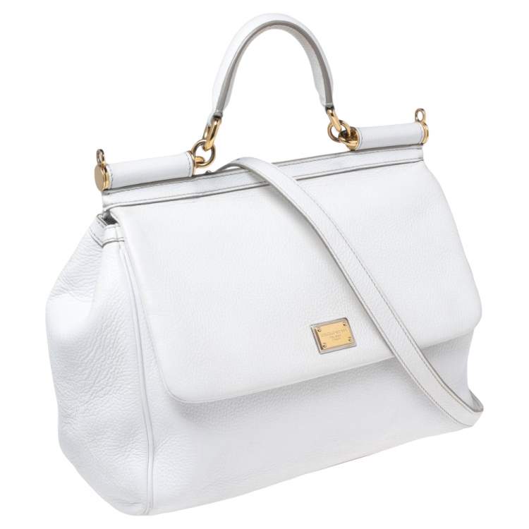 Pre Owned Dolce & Gabbana White Leather Large Miss Sicily Top Handle Bag