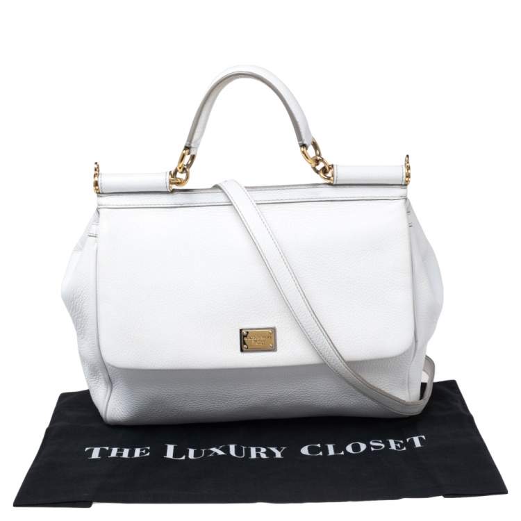 Pre Owned Dolce & Gabbana White Leather Large Miss Sicily Top Handle Bag