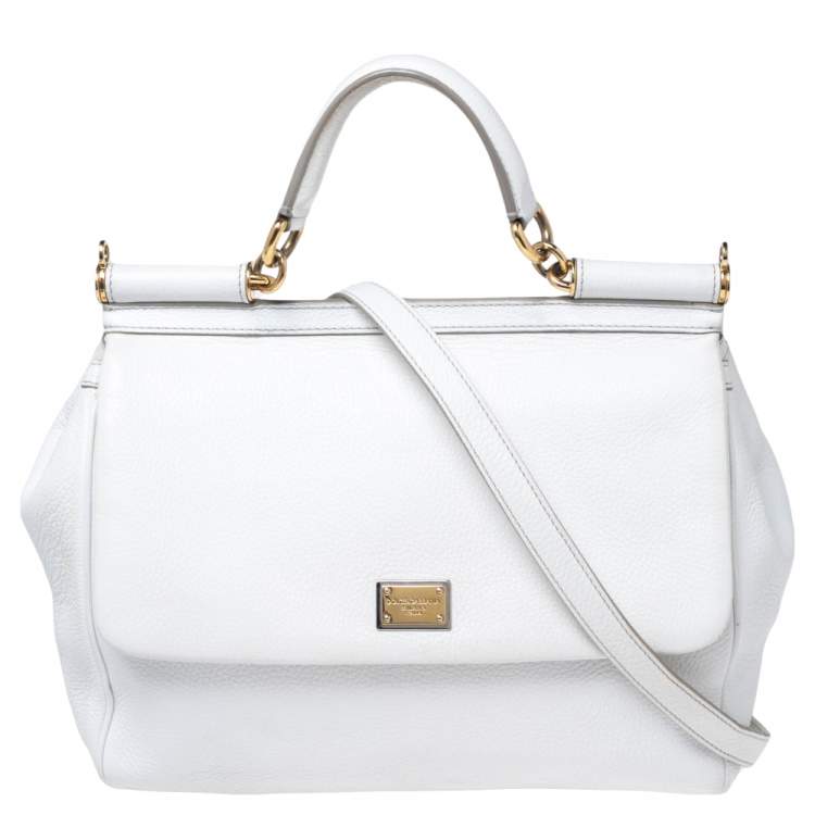 Pre Owned Dolce & Gabbana White Leather Large Miss Sicily Top Handle Bag
