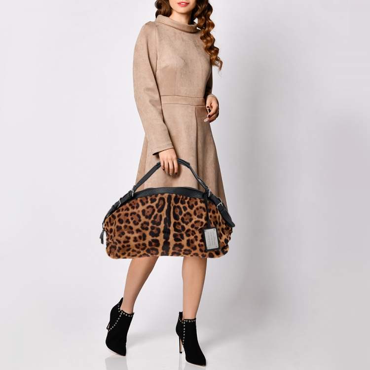 Pre Owned Dolce & Gabbana Black/Beige Leopard Print Calf Hair And Leather Satchel