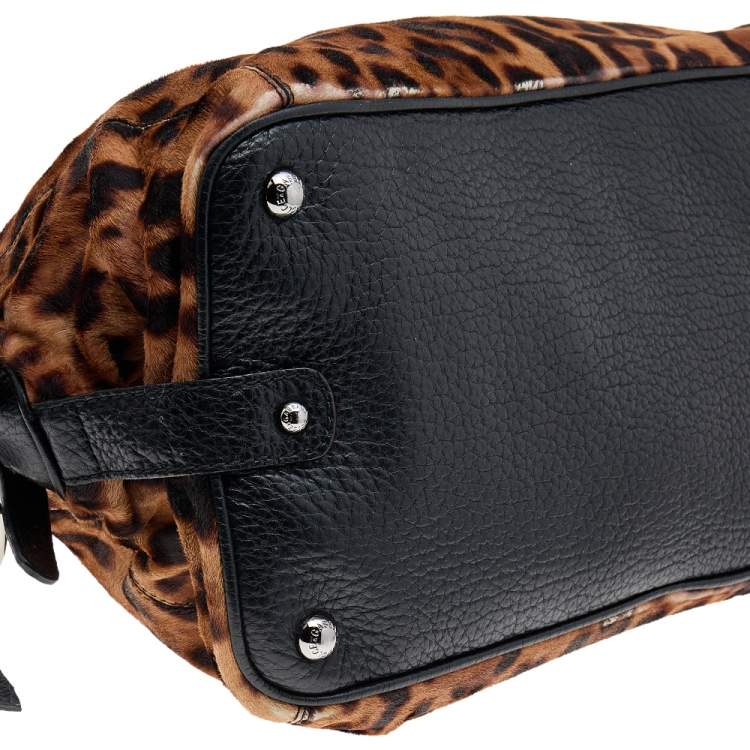 Pre Owned Dolce & Gabbana Black/Beige Leopard Print Calf Hair And Leather Satchel