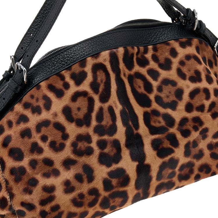Pre Owned Dolce & Gabbana Black/Beige Leopard Print Calf Hair And Leather Satchel