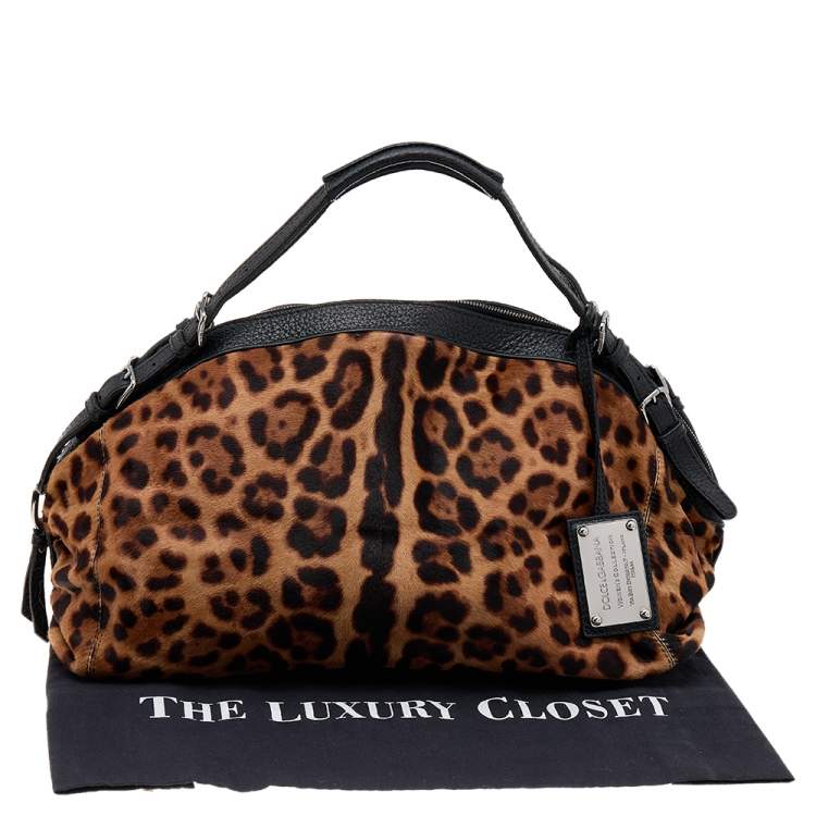 Pre Owned Dolce & Gabbana Black/Beige Leopard Print Calf Hair And Leather Satchel